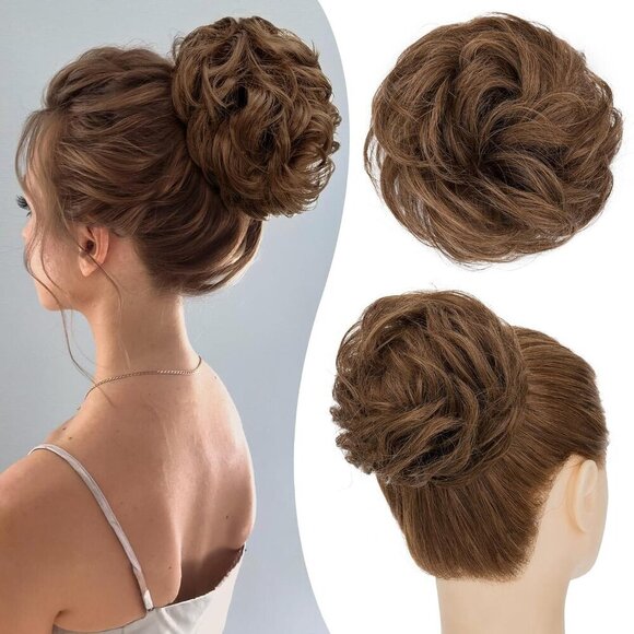 Human Hair Messy Bun Hair Piece Wavy Dark Brown Elegant Updo Accessory main image 5